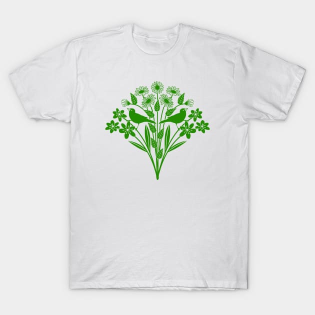 Birds perched on wildflowers T-Shirt by Jennifer Ladd